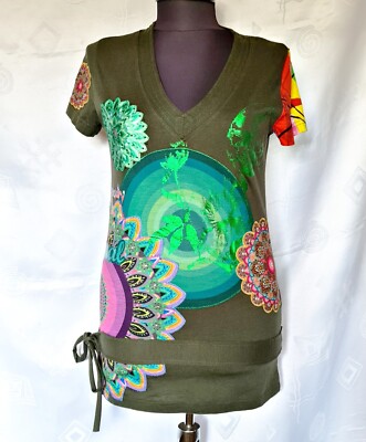 AUTHENTIC DESIGUAL EMBROIDERY LOGO FLORAL ART GREEN  WOMENS BLOUSE SIZE US 6  34