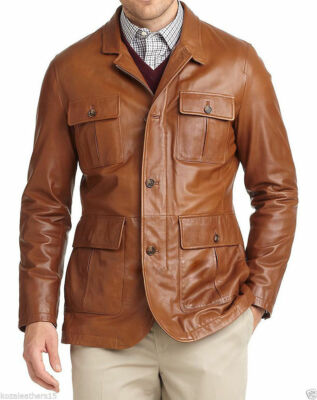Men s Tan Leather Blazer Genuine Lambskin Three Button Formal Sport Coat Jacket