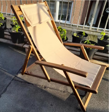 Wooden Folding Deck Chair Outdoor Patio Sun Lounger Reclining Relax Cushion Seat