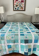 Quilt Patchwork Blanket Teal Blue Nine Patch Boho Vibe Queen Size Cotton