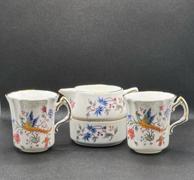 Hammersley Bone China Birds of Paradise Stacking Cream Sugar Set & 2 Tea Cups