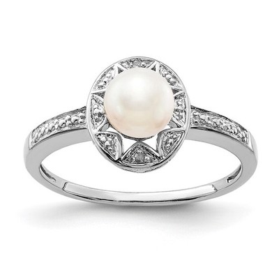 Sterling Silber rhodiniert Diam. & FW Zuchtperlen Ring - Größe 7