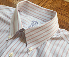 BROOKS BROTHERS SHIRT, Men's 16 x 35 Classic, WHITE Blue Tan Red Black Striped
