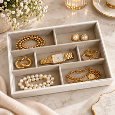 STACKERS White Faux Leather 7-Compartment Jewelry Tray 14x9.75x2.75"