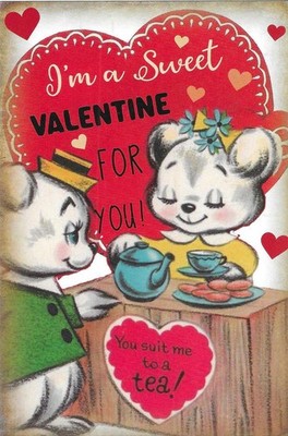 Valentine's Day Chrome Postcard Sweet For You Tea Two Animals REPRO