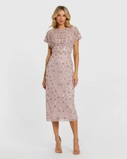Mac Duggal 94117 Pink Cap Sleeve Sheath Midi Dress With Floral Beading Sz 4