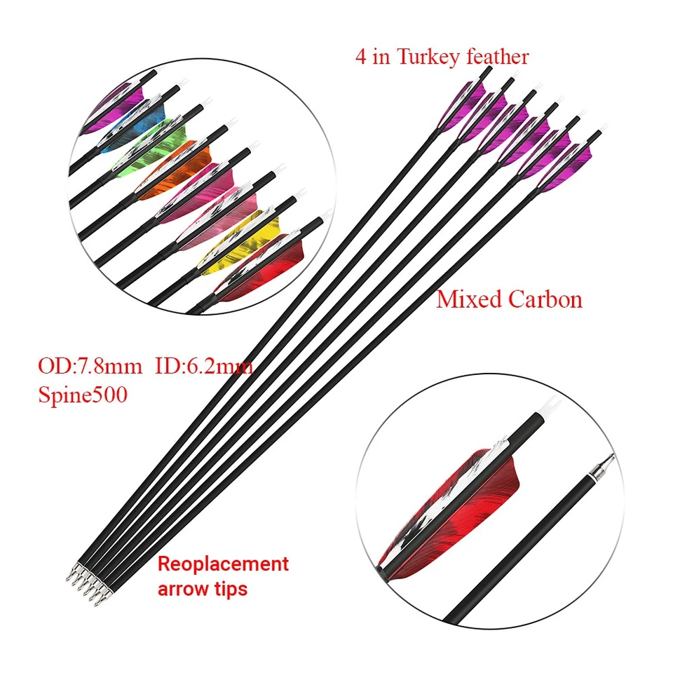 Archery Carbon Arrows SP500 4" Turkey Feathers 28" 30" 31" Recurve Bow Hunting - Image 3 of 4