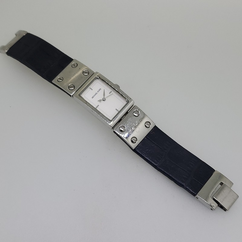 Michael Kors Women's Rectangle Analog Quartz Silver Case White Dial Black Strap