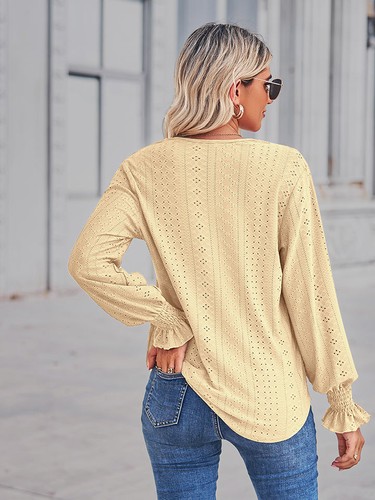 V-Neck Eyelet Flounce Sleeve Blouse - Picture 2 of 10