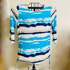 FDJ Womens XS 3/4 Sleeve Ruched Sides Watercolor Stripe Top NWT