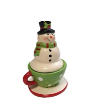 Snowman Teacup Salt and Pepper Shakers Set Holiday Tableware Green Dot