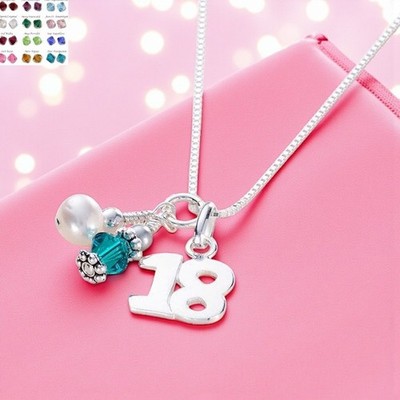 Sterling Silver 18 Necklace with Birthstone Charm, Ladies 18th Birthday Gift