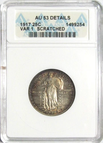 1917 VAR 1 STANDING LIBERTY Silver Quarter ANACS AU 53 DETAILS - SCRATCHED