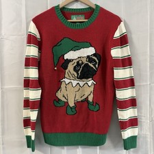 Ugly Christmas Sweater S Pug Dog Santa Hat Green Red White Striped