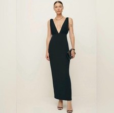 Reformation Laura Dress Black Maxi Deep V Open Back Size 6 NWOT Slit Dress