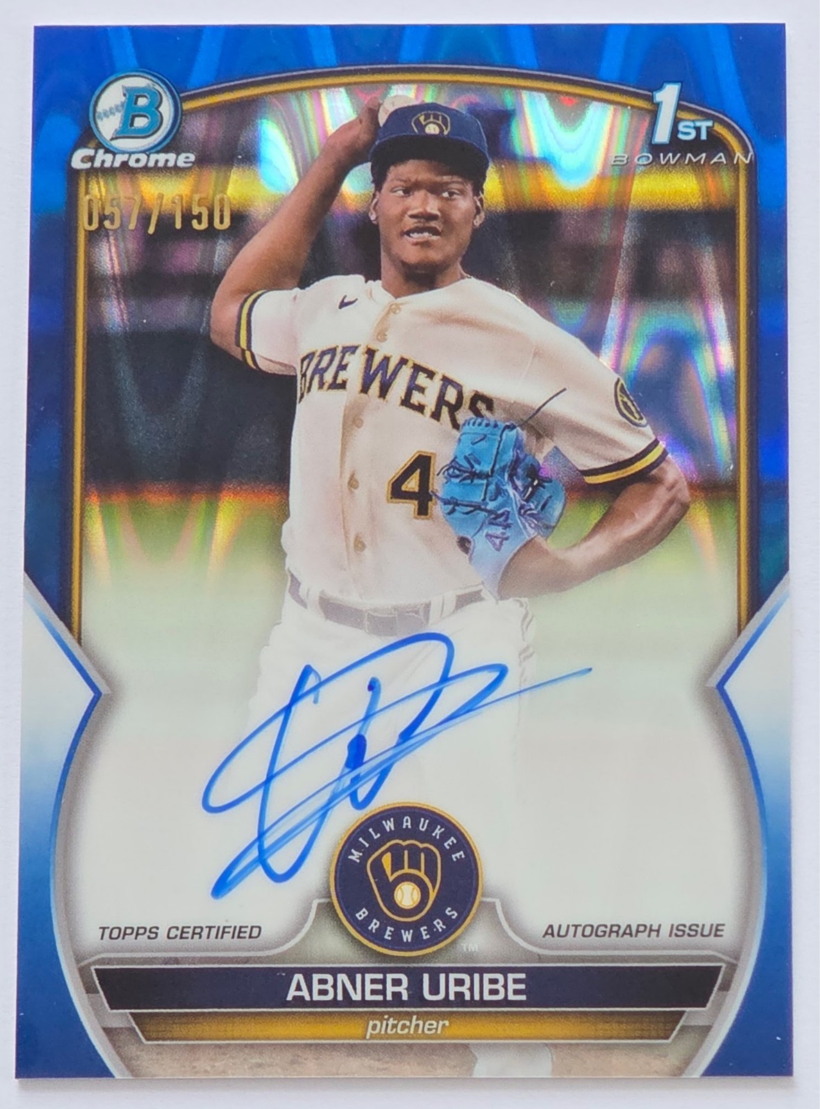 Abner Uribe 2023 Bowman Chrome Blue RayWave Auto 1st Bowman #057/150 Brewers