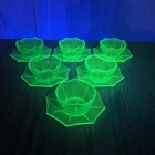 Liberty Glass Works EGG HARBOR Uranium Vaseline Green Saucer & Bowl ~ Set of 6 ~