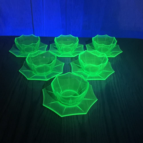 Liberty Glass Works EGG HARBOR Uranium Vaseline Green Saucer & Bowl ~ Set of 6 ~