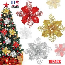 10Pcs Glitter Christmas Poinsettia Hanging Flowers Party Xmas Tree Decoration US
