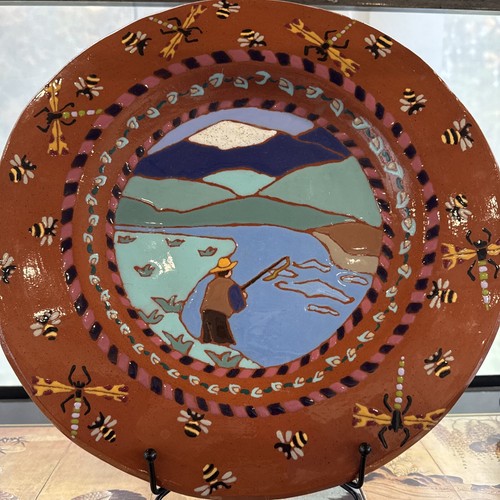 Freshwater Fishing Bees Dragonflies California Pottery Plate Signed REED @2002