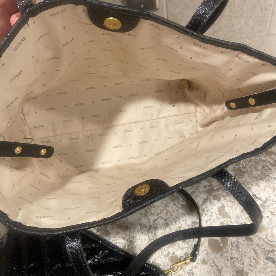 Guess Black Nylon Tote Shoulder Bag Three Zip Compartments Roomy Double