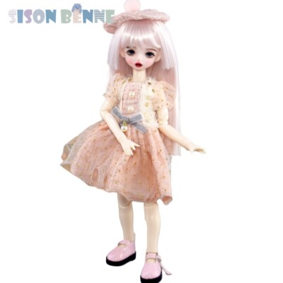 30cm DIY BJD doll + makeup + pink straight wig + cute dress hat