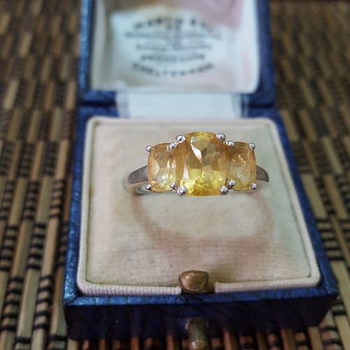 925 Sterling Silver Ring, Genuine Citrine Trilogy Ring, Size P.5 US 7.75