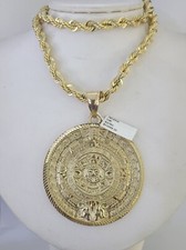 10k Solid Rope Chain Mayan Calendar Pendant Necklace 7mm 20"-30" SET Charm