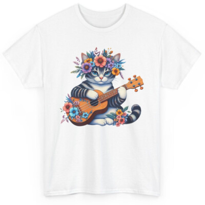 Cute Musician Cat Playing Ukulele T-shirt - Novelty Music Lovers Graphic Tee