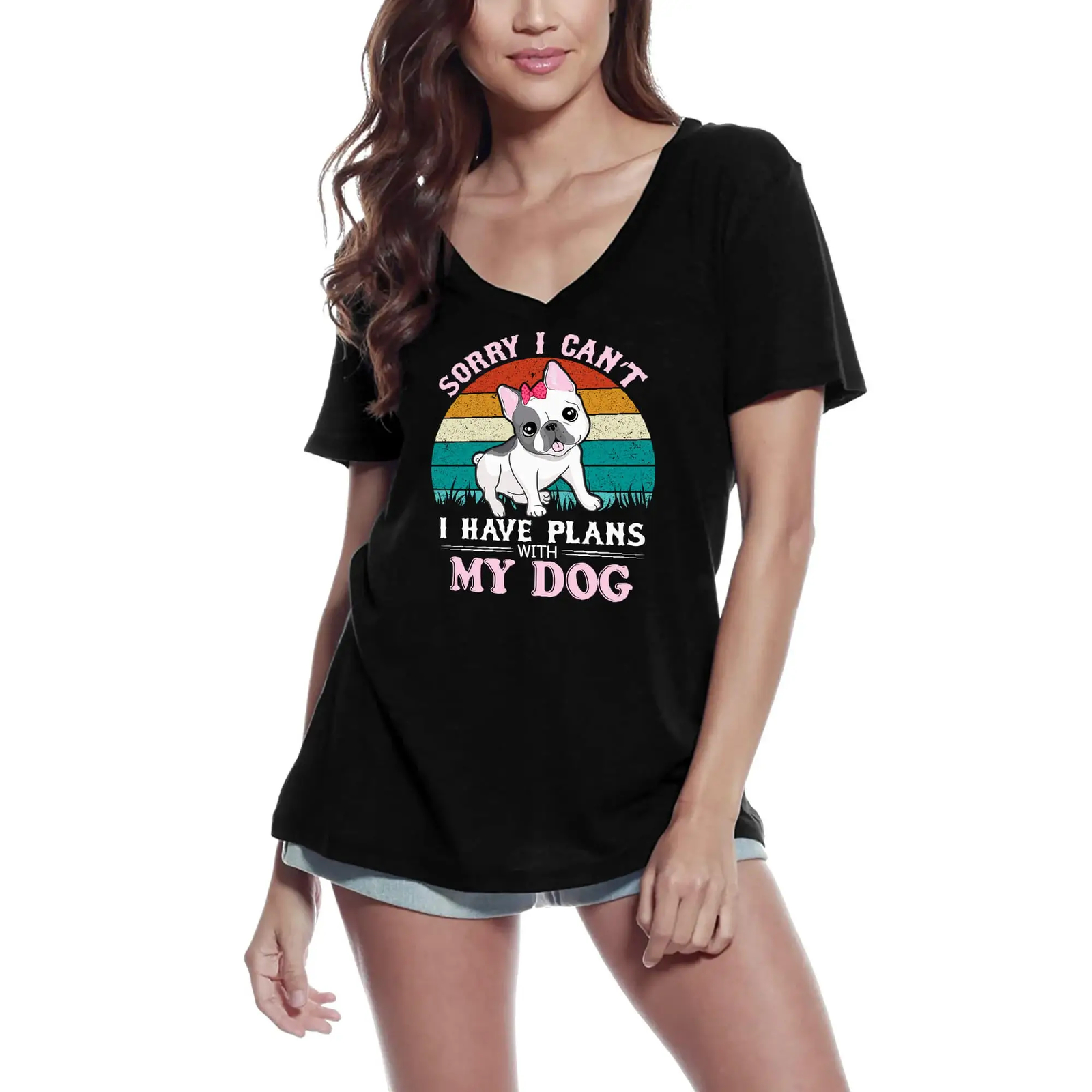Camiseta de Cuello V para Mujer Lo Siento No Puedo Tengo Planes - Bulldog