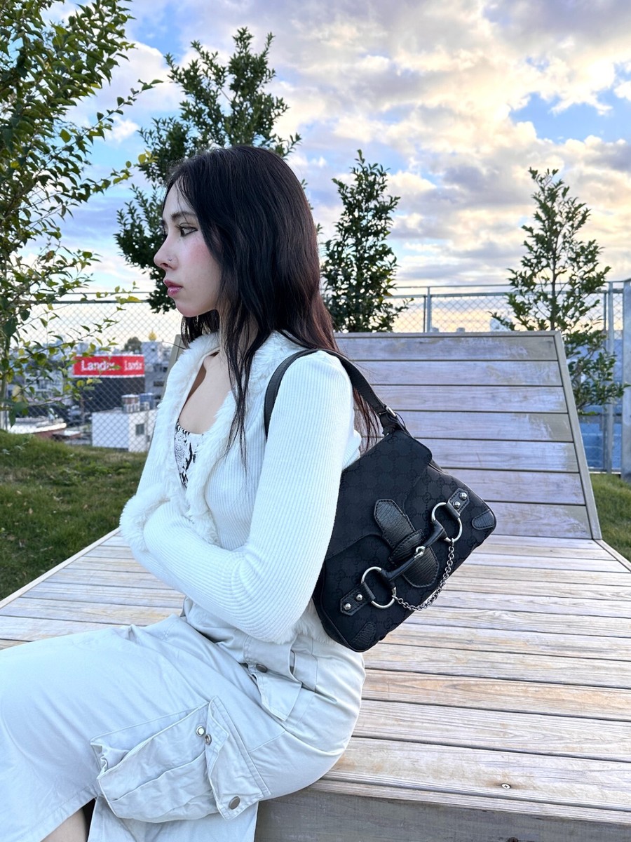 Auth GUCCI GG Canvas Horsebit Chain Shoulder Bag PM Black