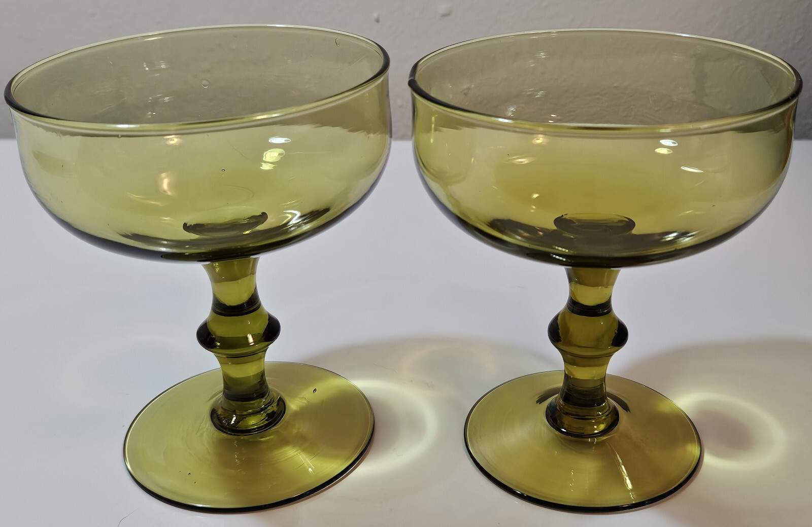 Vintage Avocado Green Champagne Coupe Glasses with 4.75 Inch Wafer Stem Set of 2