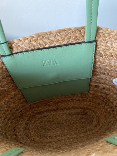 ZARA small JUTE basket TOTE BAG green pu leather handles pocket green NEW - Picture 14 of 19