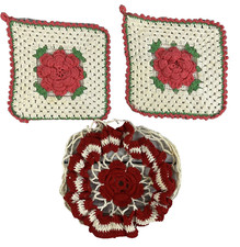 Vintage Lot of 3 Crochet Granny Squares Blanket Afgan Squares Pink & Red Flowers