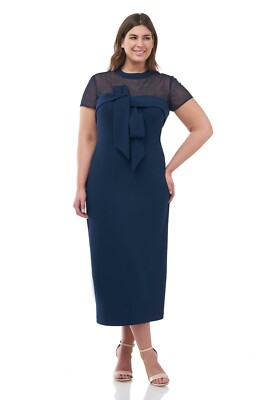 JS COLLECTIONS Navy Bow Front Sheer Illusion Stretch Crepe