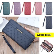 Women Leather Wallet Double Zipper Cellphone Wallet Long Purse with Wrist Strap