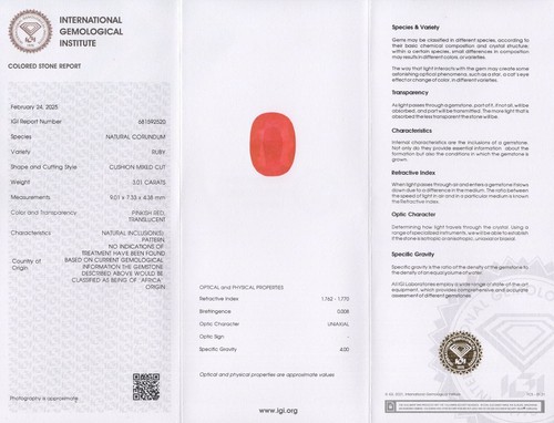 COJÍN GUINEA Rubí Certificado IGI 3,01 Ct. Natural Sin Tratar Rosa Vivo-Rojo - Imagen 2 de 5