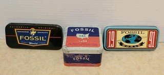3 Vintage Fossil Watch Tins Boxes Metal Storage Genuine EMPTY TINS ONLY