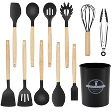12 PCS Silicone Kitchen Utensils Set Wooden Handle NonStick Heat Black
