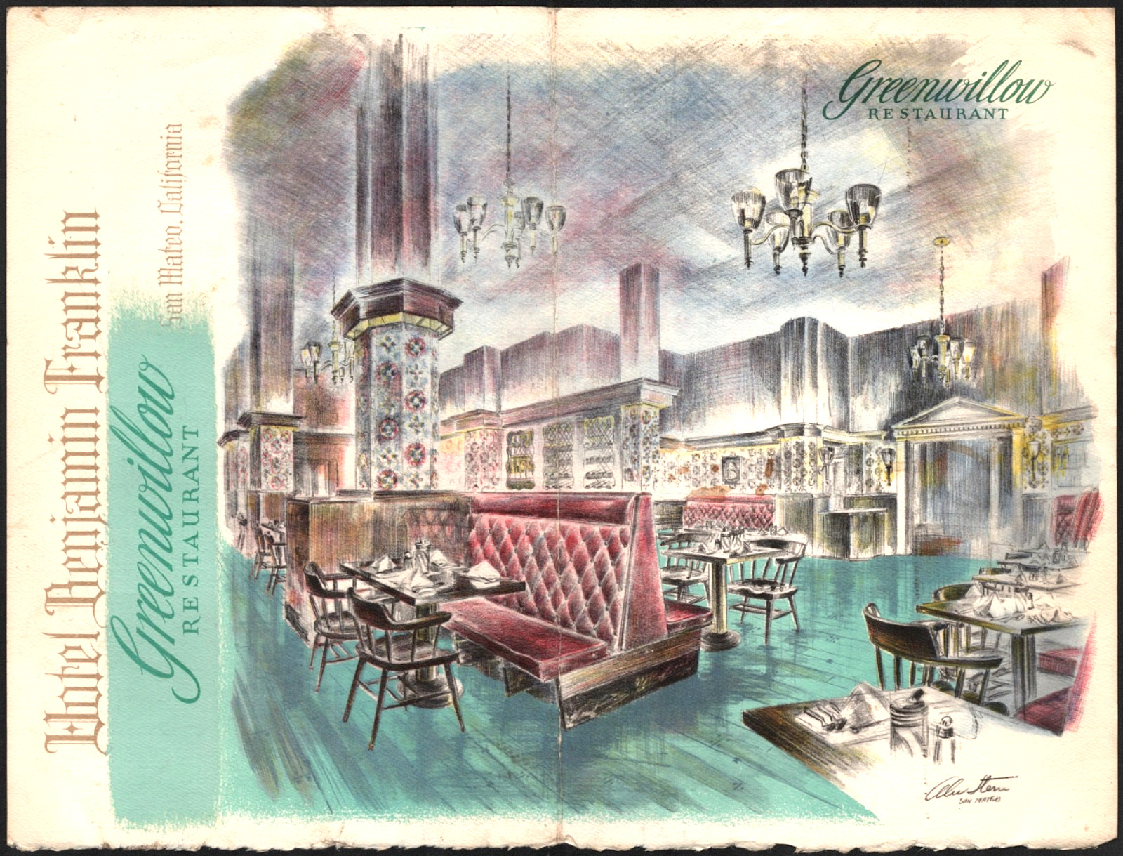 1960s HOTEL BENJAMIN FRANKLIN: Greenwillow Restaurant menu SAN MATEO, CALIFORNIA