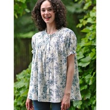 April Cornell XL Dancing Rose Smock Blouse Cream & Blue Toile like print