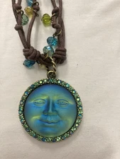 Kirks Folly Vintage Crystal Moon Face Pendant Necklace Antique Goldtone