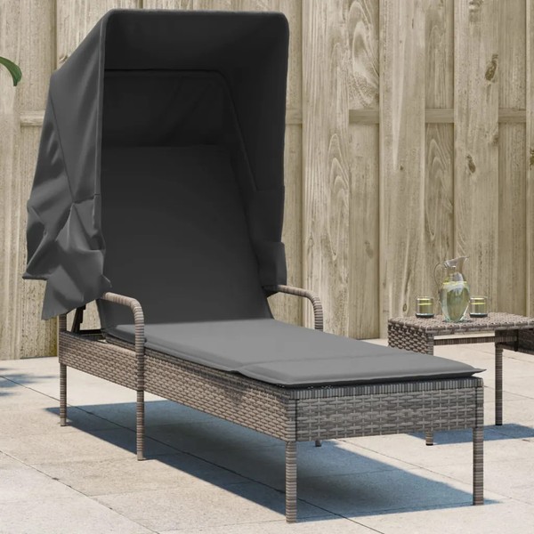Sonnenliege Mit Dach Poly Rattan Grau FüR Garten Terrasse Balkon-image