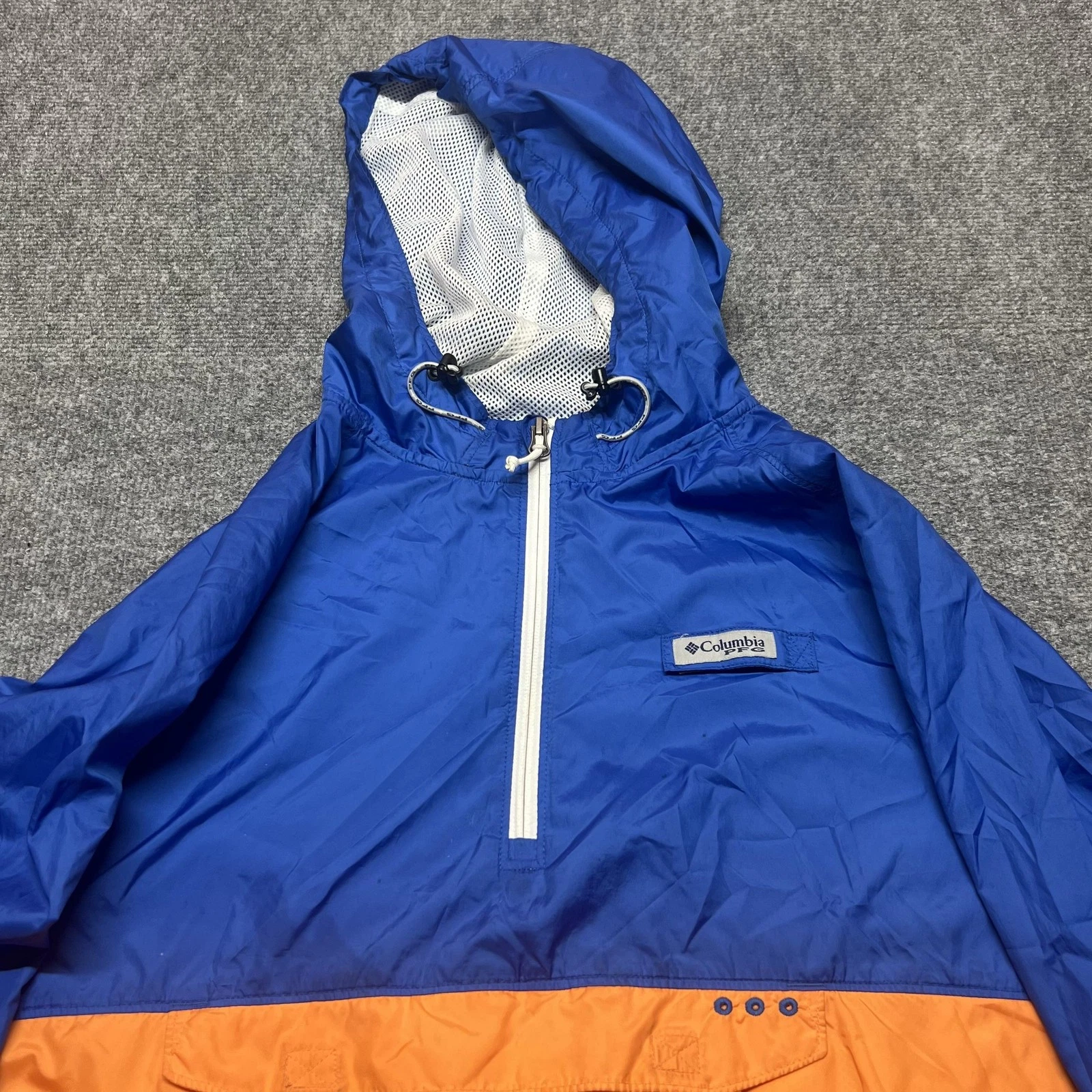 Columbia PFG Jacket Mens XL Blue Orange Hooded 1/4 Zip Pullover Windbreaker