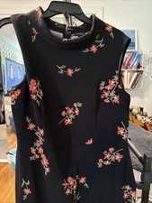 Ann Taylor Little Black Dress With Flower Pattern Design Mock Neck Size 12