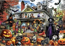 Halloween 1000 Piece Jigsaw Puzzle for Adults, Spooky Haunted House with Pumpkin
