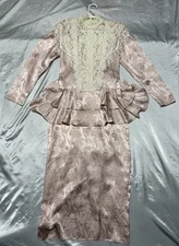 Vintage Jessica McClintock Dress Pink Silk White Lace High Neck Dress Size 8