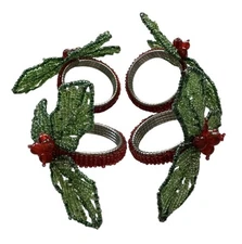 Embellished Beaded Holly Christmas Napkin Rings Mackenzie Childs? SET OF FOUR