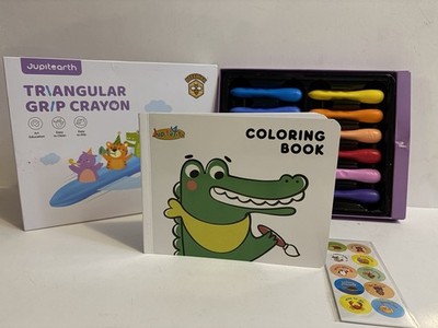 Jupitearth Triangular Grip Beeswax Crayon Set & Crocodile Coloring Book Kit