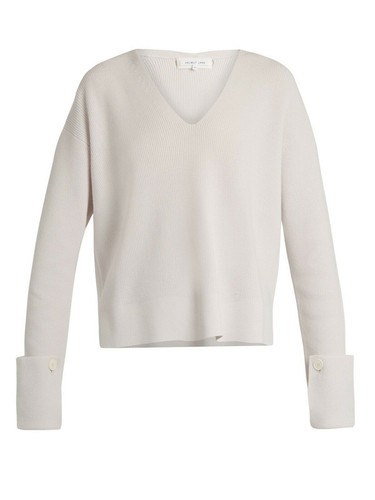 $395 HELMUT LANG Ivory Button Cuff Wool Cashmere Blend Cropped Sweater V-Neck M